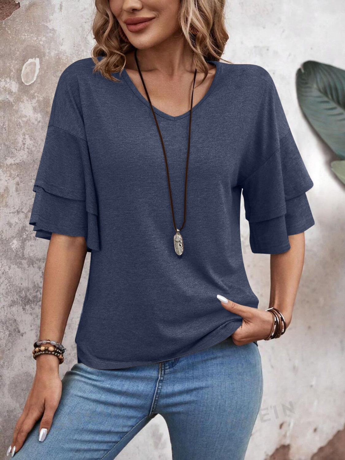 V-Neck Half Sleeve Blouse Indigo