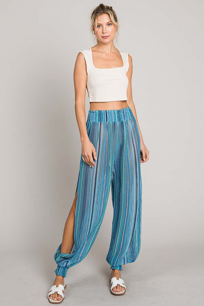 Cotton Bleu by Nu Label Striped Smocked Cover Up Pants Aqua