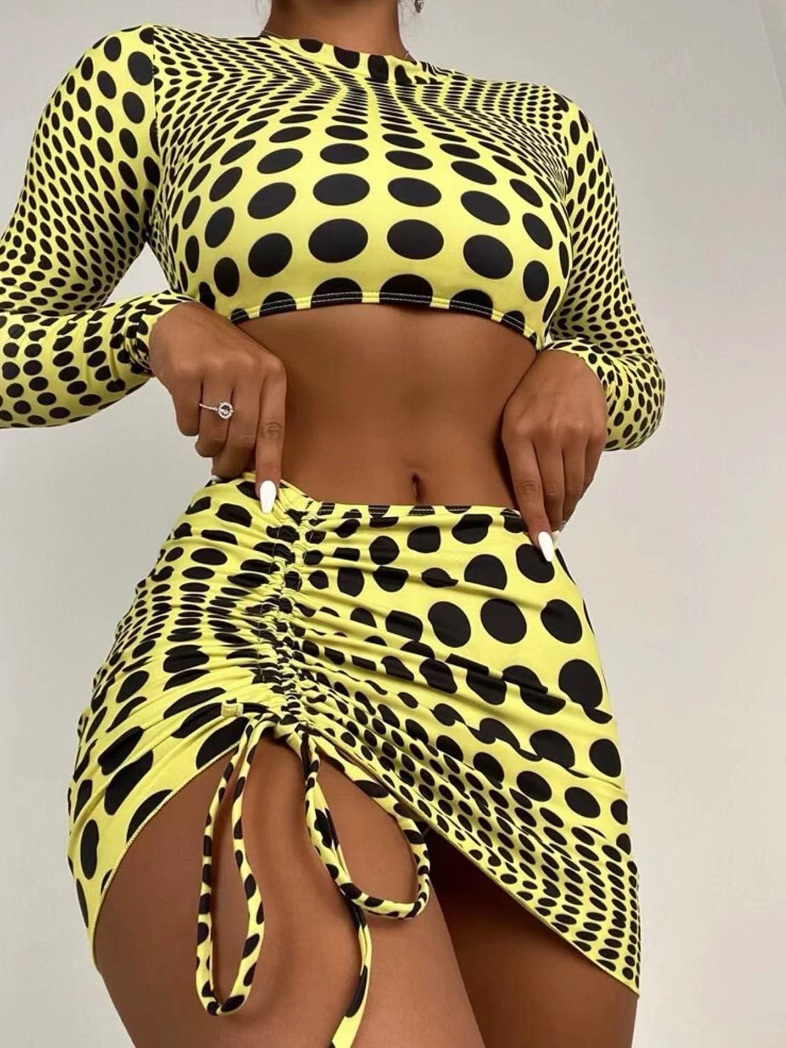 Polka Dot Long Sleeve Three-Piece Swim Set Light Yellow