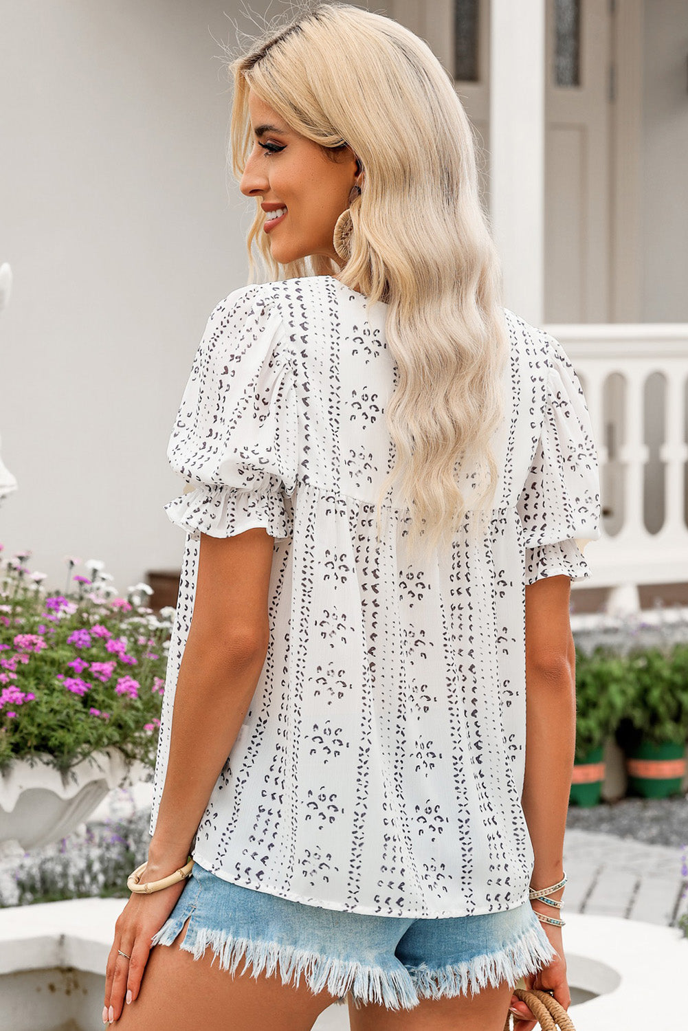 Embroidered Round Neck Flounce Sleeve Blouse - Thandynie