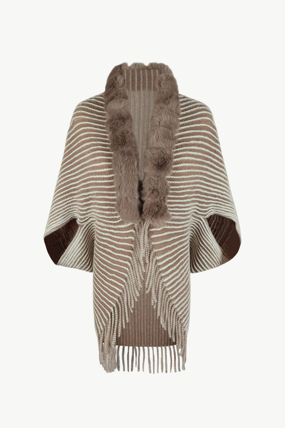 Striped Open Front Fringe Poncho - Thandynie