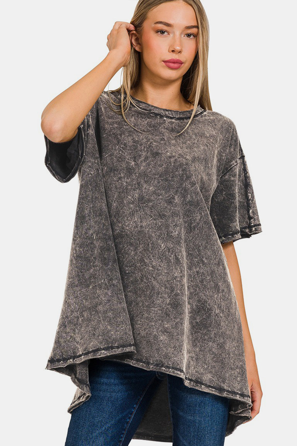 Zenana Round Neck Dropped Shoulder Blouse ASHBLACK