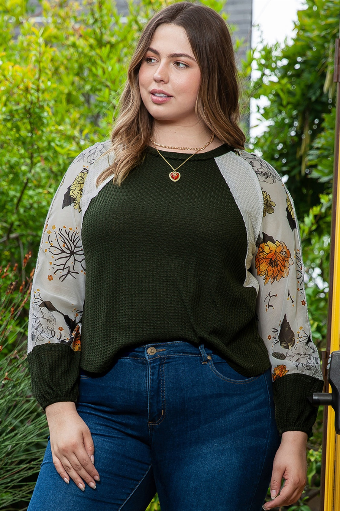 Plus Size Floral Waffle-Knit Round Neck Blouse Army Green