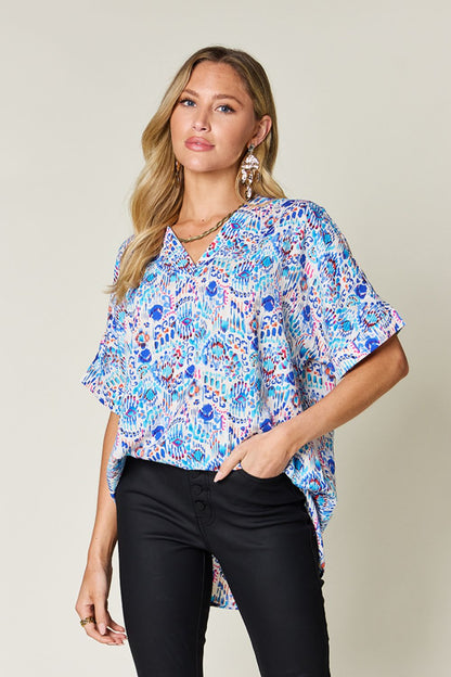 Double Take Full Size Printed V-Neck Short Sleeve Blouse Sky Blue