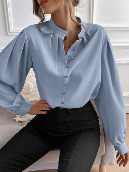 Mock Neck Button Front Shirt Light Blue