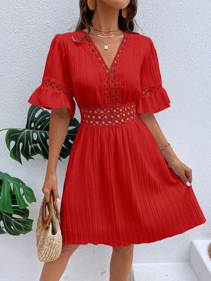 Cutout V-Neck Flounce Sleeve Mini Dress