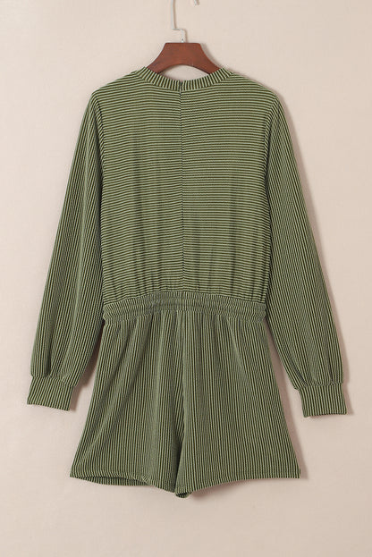 Jungle Green Corded Pullover Long Sleeve Drawstring Romper