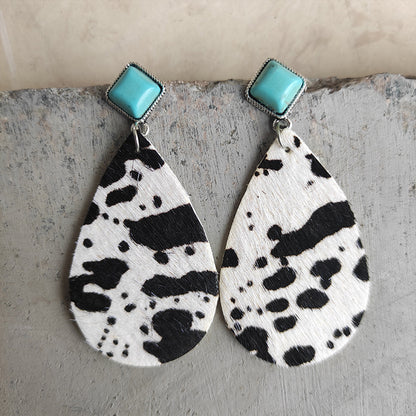 Artificial Turquoise Teardrop Earrings Cow Print One Size