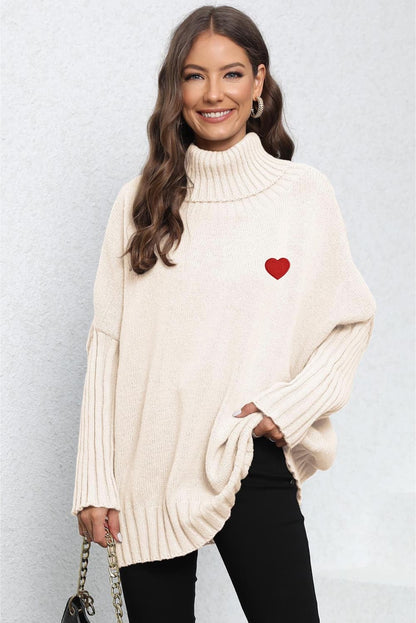 Turtle Neck Long Sleeve Ribbed Sweater Beige One Size