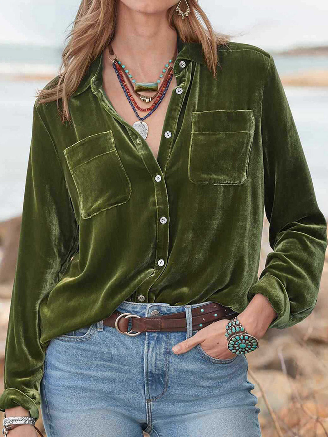 Button Up Long Sleeve High-Low Hem Shirt Dark Green