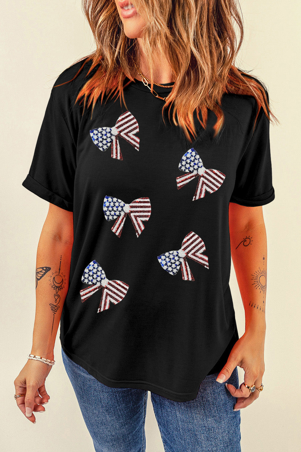 US Flag Round Neck Short Sleeve T-Shirt Black