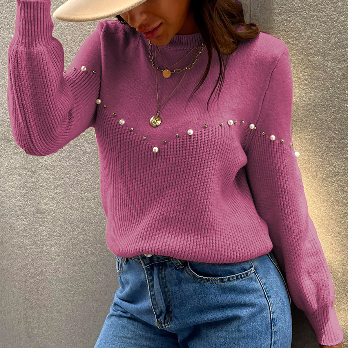 Pearl Detail Round Neck Sweater Fuchsia Pink