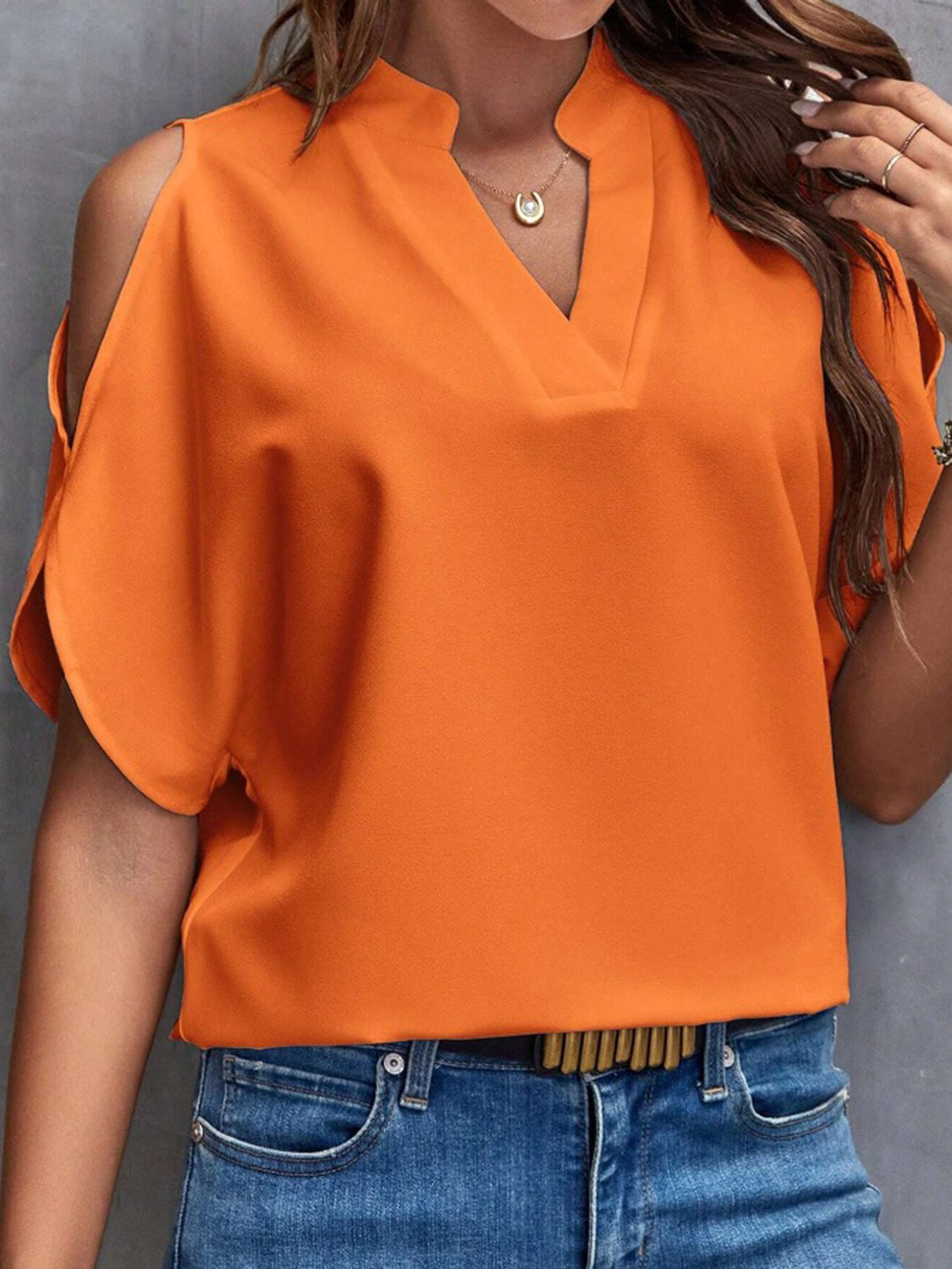 Notched Cold Shoulder Half Sleeve Blouse - Thandynie