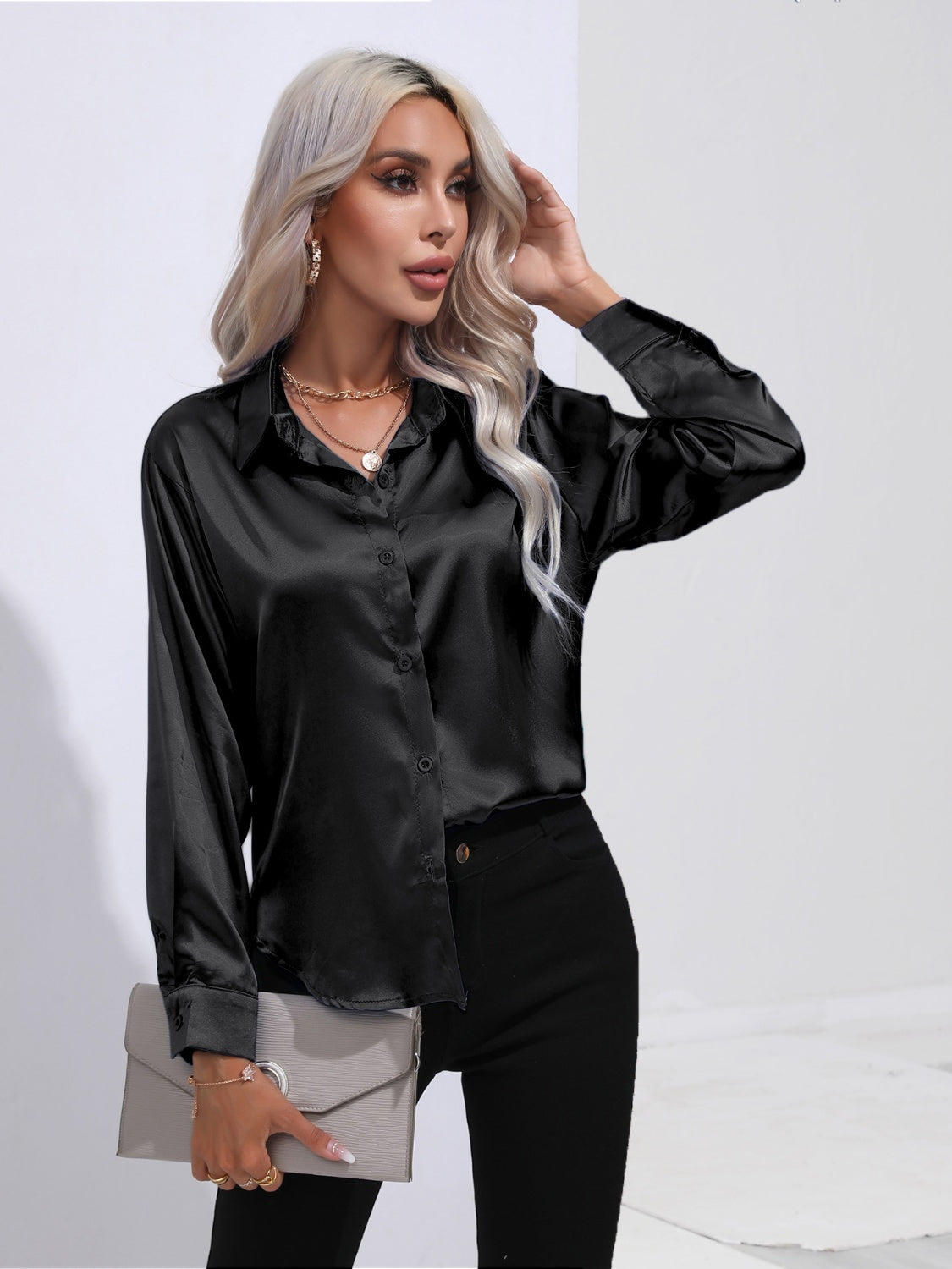 Collared Neck Buttoned Long Sleeve Shirt Black