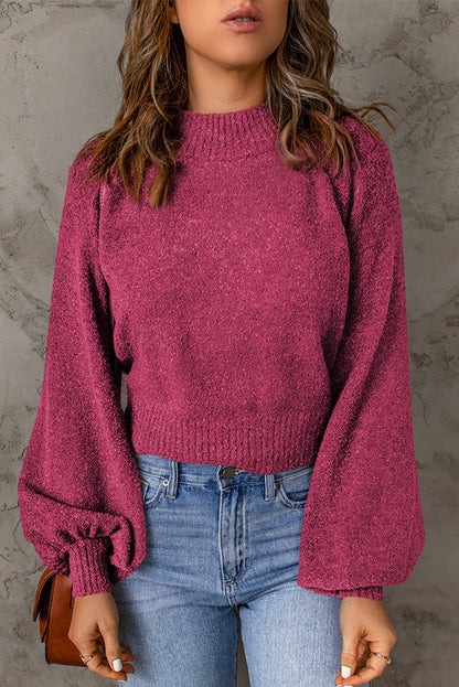 Ribbed Trim Balloon Sleeve Sweater Rose