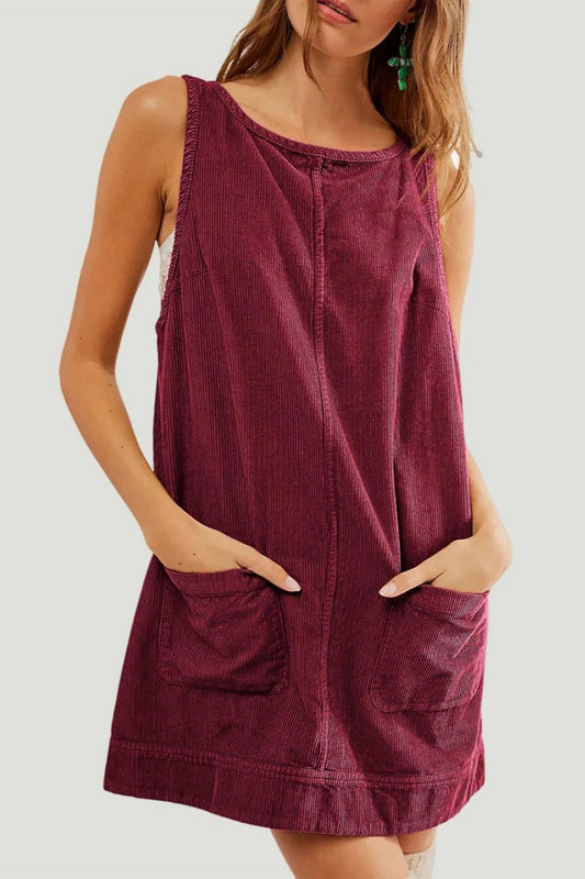 Round Neck Wide Strap Corduroy Mini Dress Burgundy