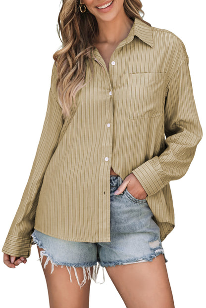 Striped Button Up Long Sleeve Shirt Tan