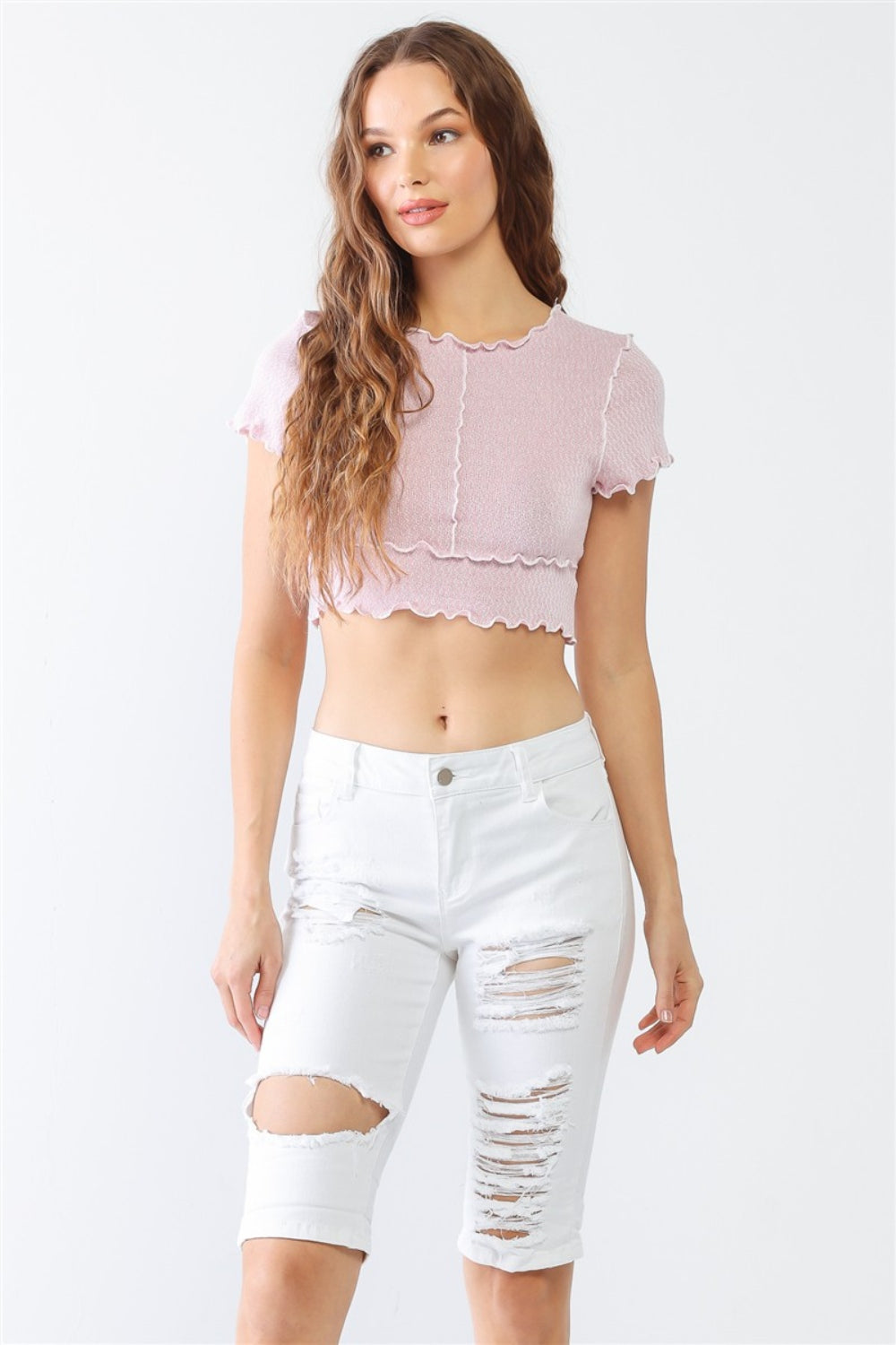 LITZ LA Distressed Bermuda Denim Shorts White