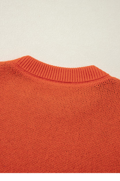 Orange Halloween Pumpkin Face Pattern Drop Shoulder Sweater