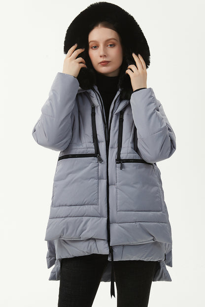 Light Grey Plush Linen Zip Up Hooded Puffer Coat