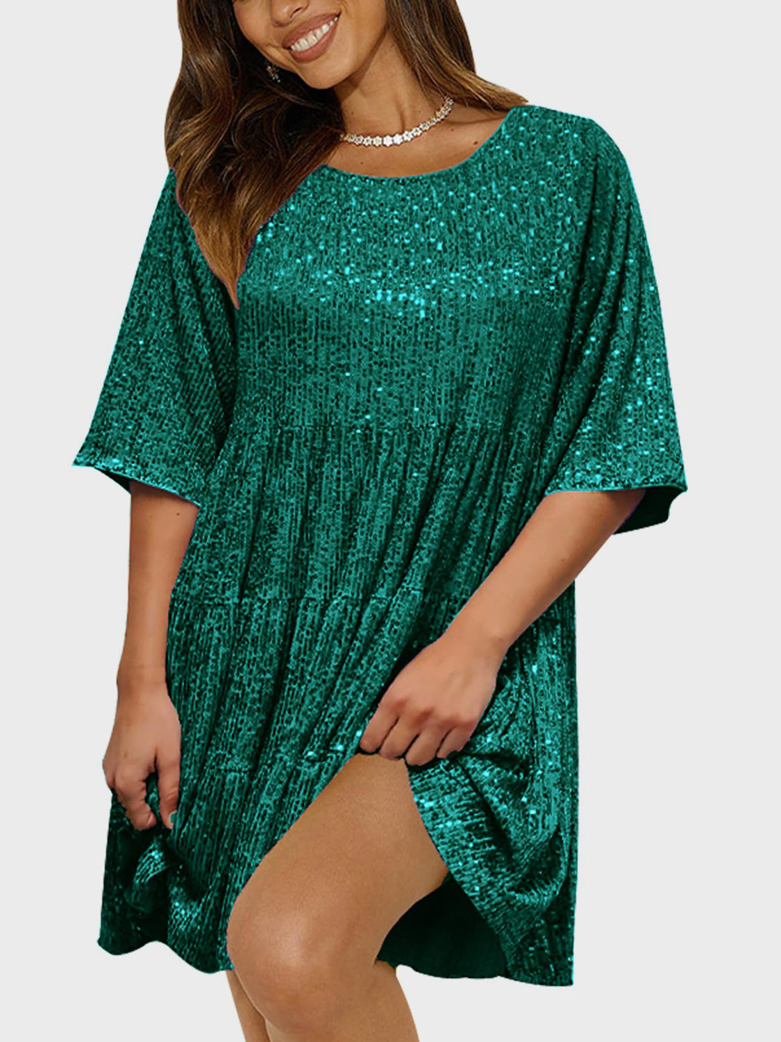 Full Size Sequin Round Neck Half Sleeve Mini Dress Dark Green