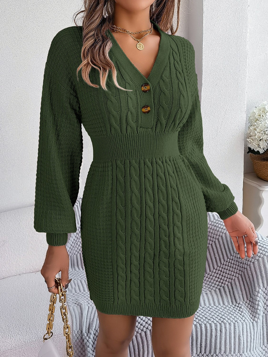 Buttoned Cable-Knit V-Neck Sweater Dress Army Green