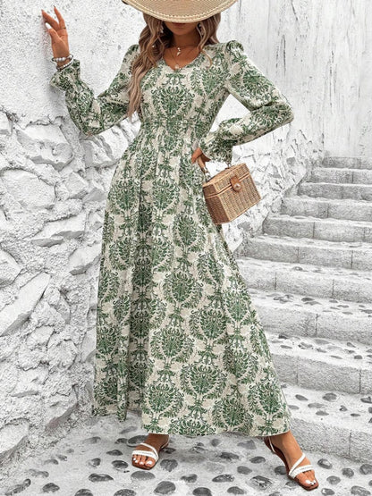 Smocked Printed V-Neck Flounce Sleeve Dress Gum Leaf