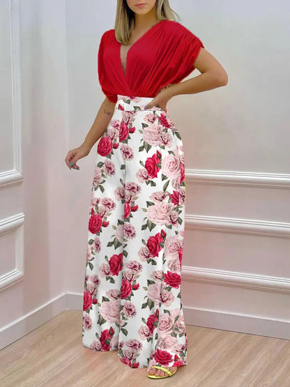 Printed Surplice Top and Wide Leg Pants Set Deep Red