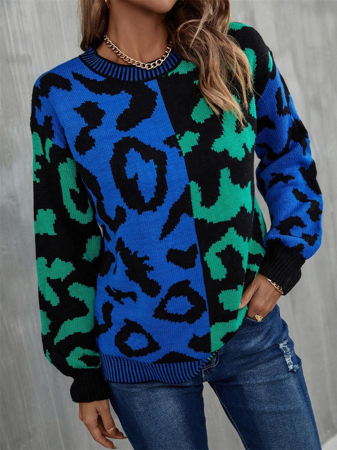 Leopard Round Neck Long Sleeve Sweater Gum Leaf