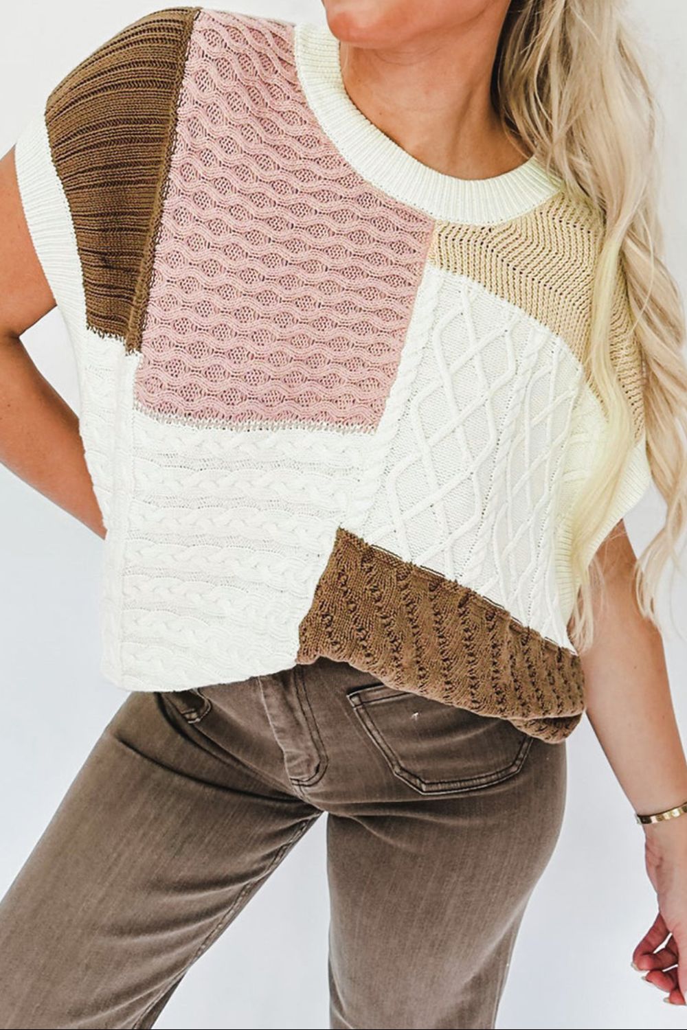 Color Block Cable-Knit Sweater Vest White