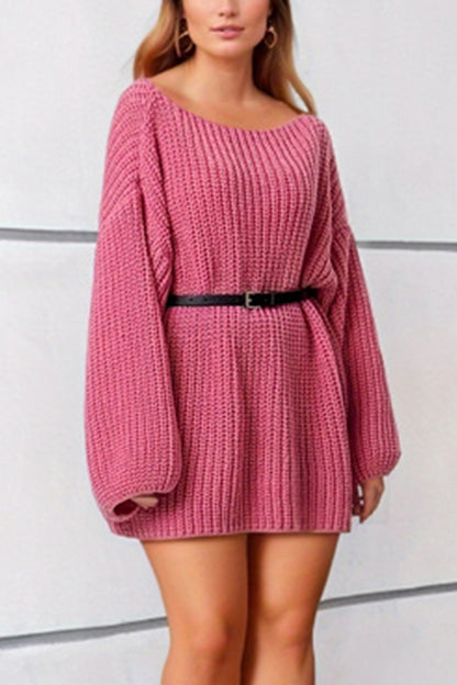 Boat Neck Dropped Shoulder Mini Sweater Dress Pink One Size