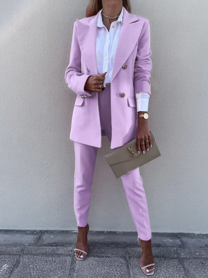 Lapel Collar Long Sleeve Blazer and Pants Set Lavender