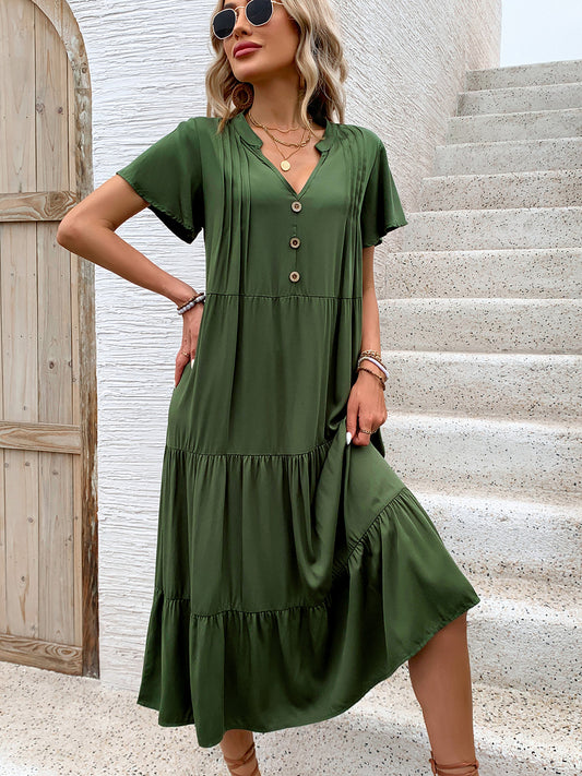 Tiered Notched Short Sleeve Midi Dress Dark Green