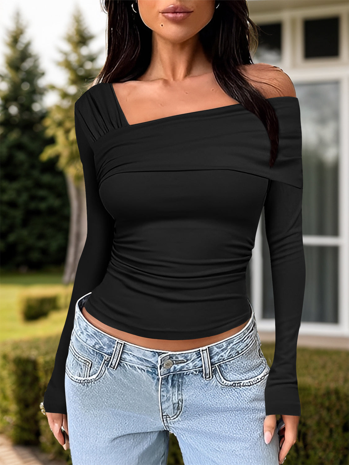 Ruched One Shoulder Long Sleeve T-Shirt Black