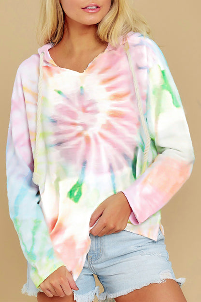 Drawstring Tie-Dye Long Sleeve Hoodie Light Green