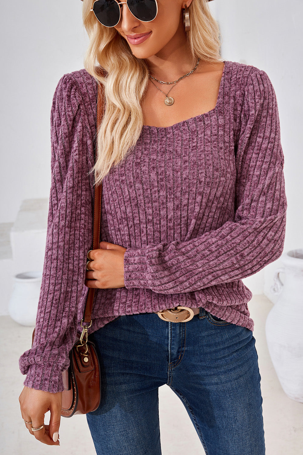 Ribbed Square Neck Long Sleeve T-Shirt