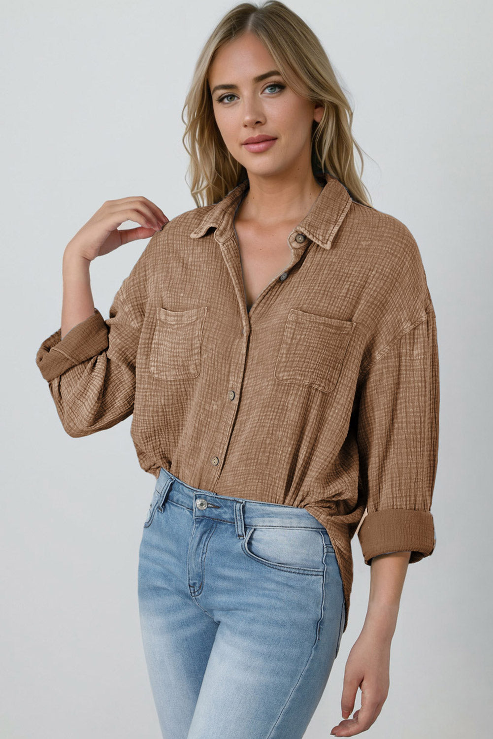 Mineral Wash Crinkle Textured Chest Pockets Shirt