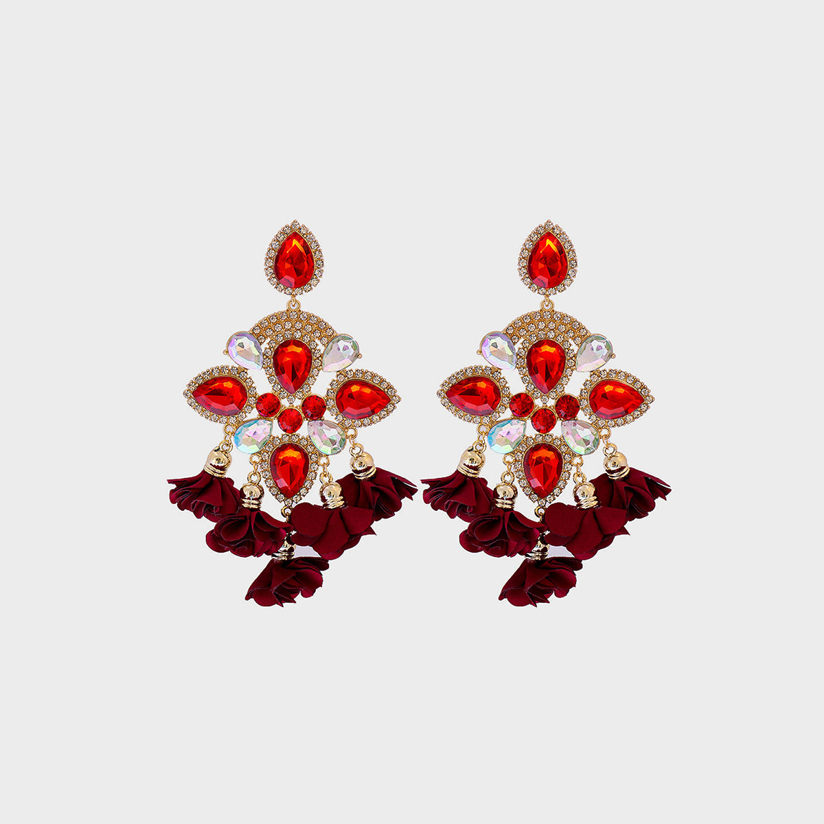 Flower Shape Rhinestone Alloy Dangle Earrings Deep Red One Size