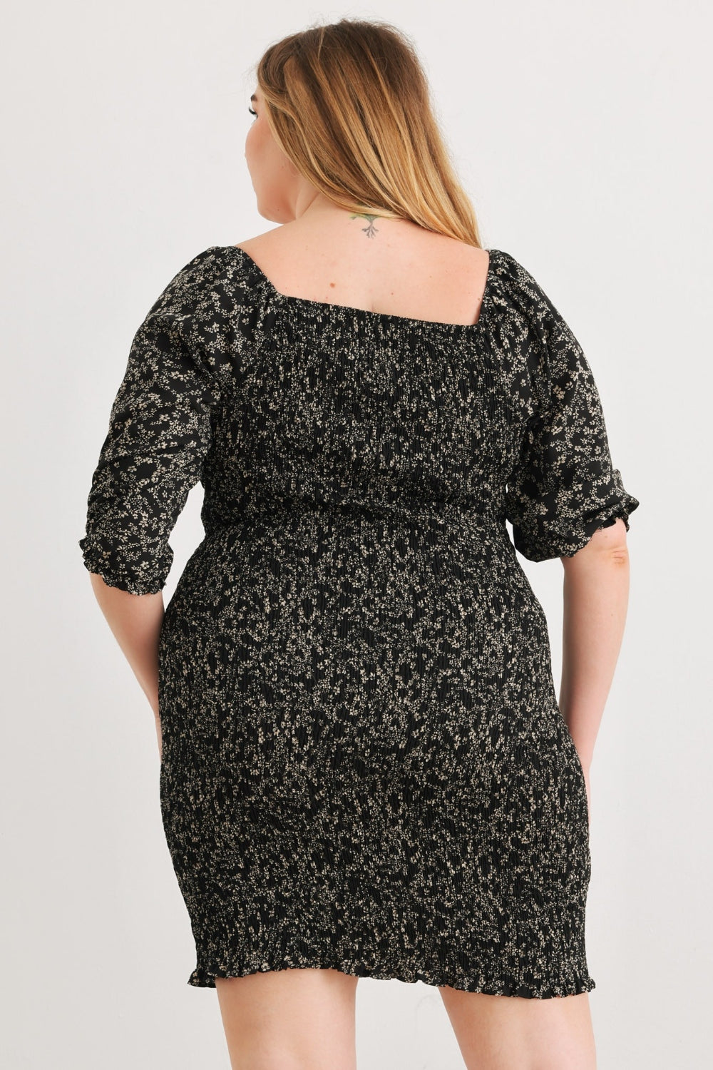 Zenobia Plus Size Smocked Printed Square Neck Mini Dress - Thandynie