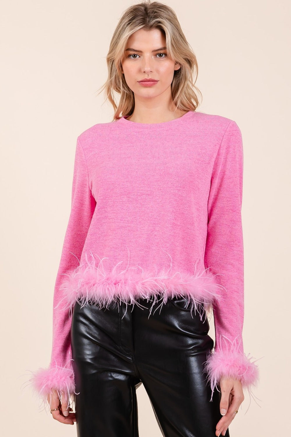 Mittoshop Feather Trim Long Sleeve Crop Hacci Knit Top Bubble Gum