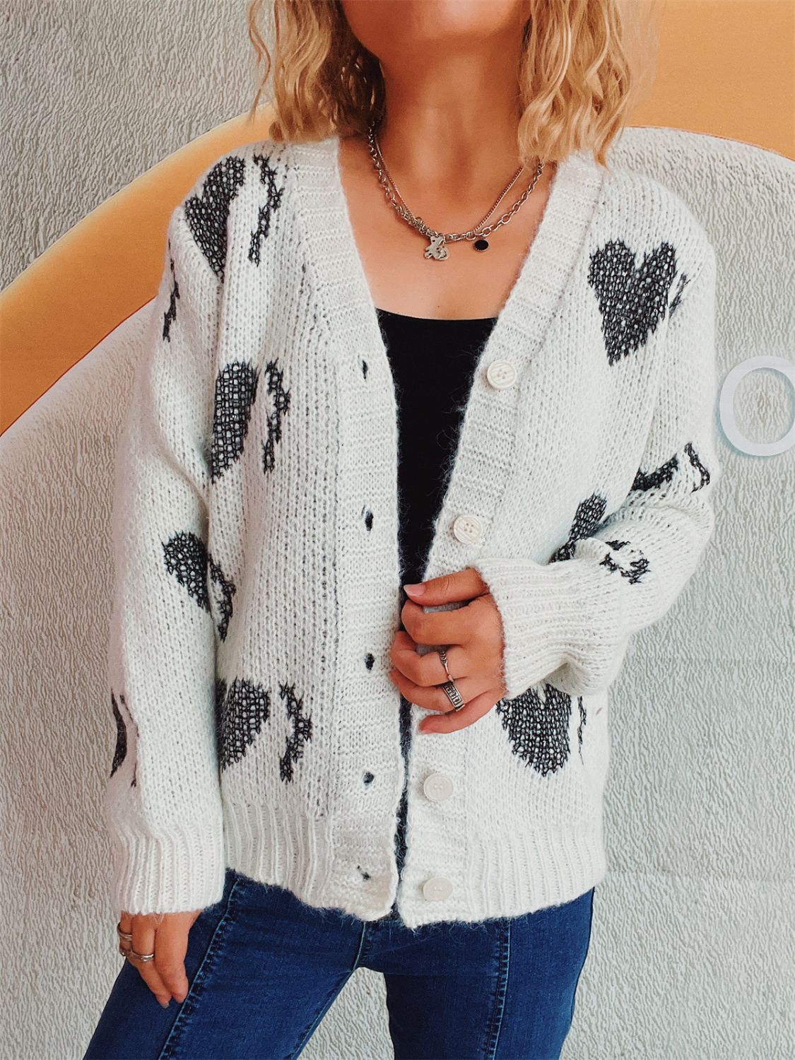 Heart Button Up Long Sleeve Cardigan White One Size