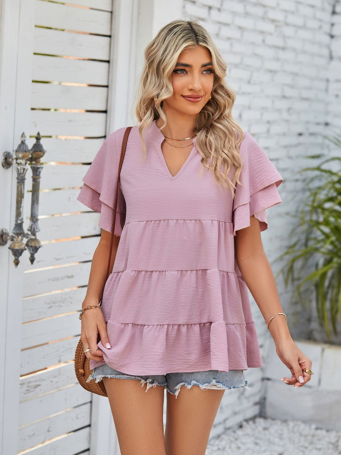 Tiered Notched Short Sleeve Blouse Dusty Pink