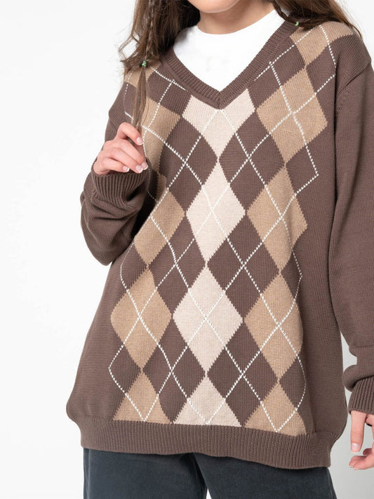 Geometric V-Neck Long Sleeve Sweater Mocha