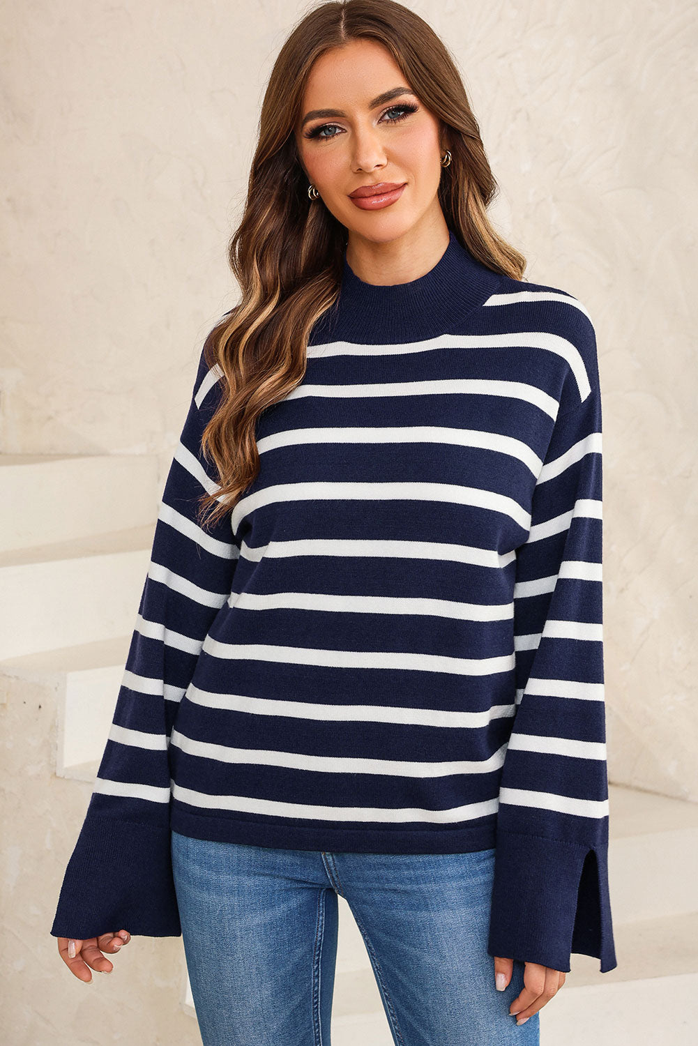 Striped Slit Drop Shoulder Sweater