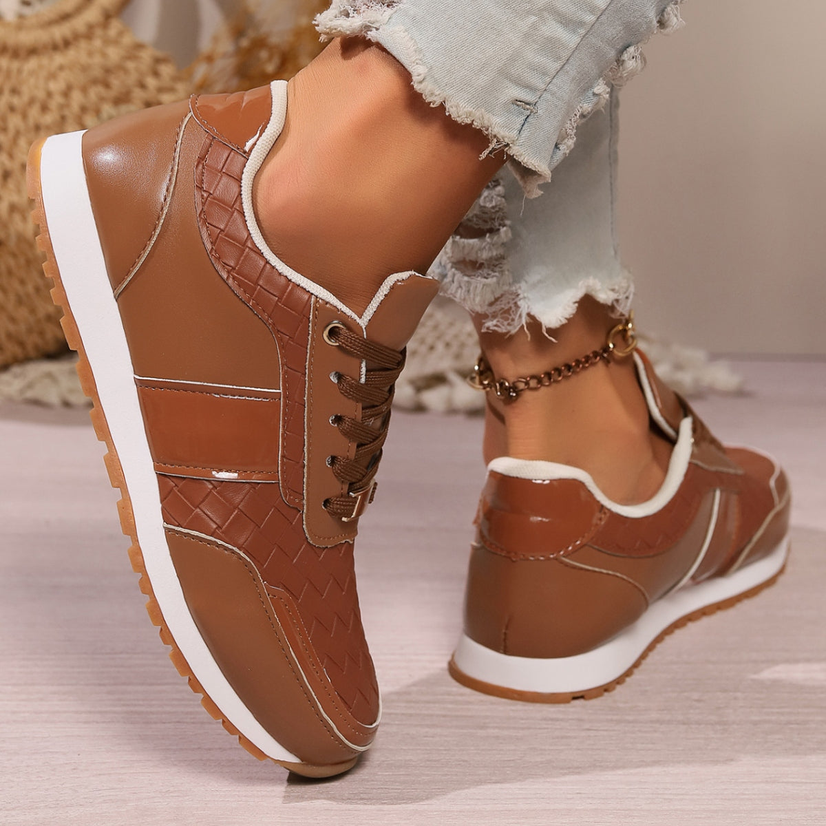 Lace-Up PU Leather Sneakers - Thandynie