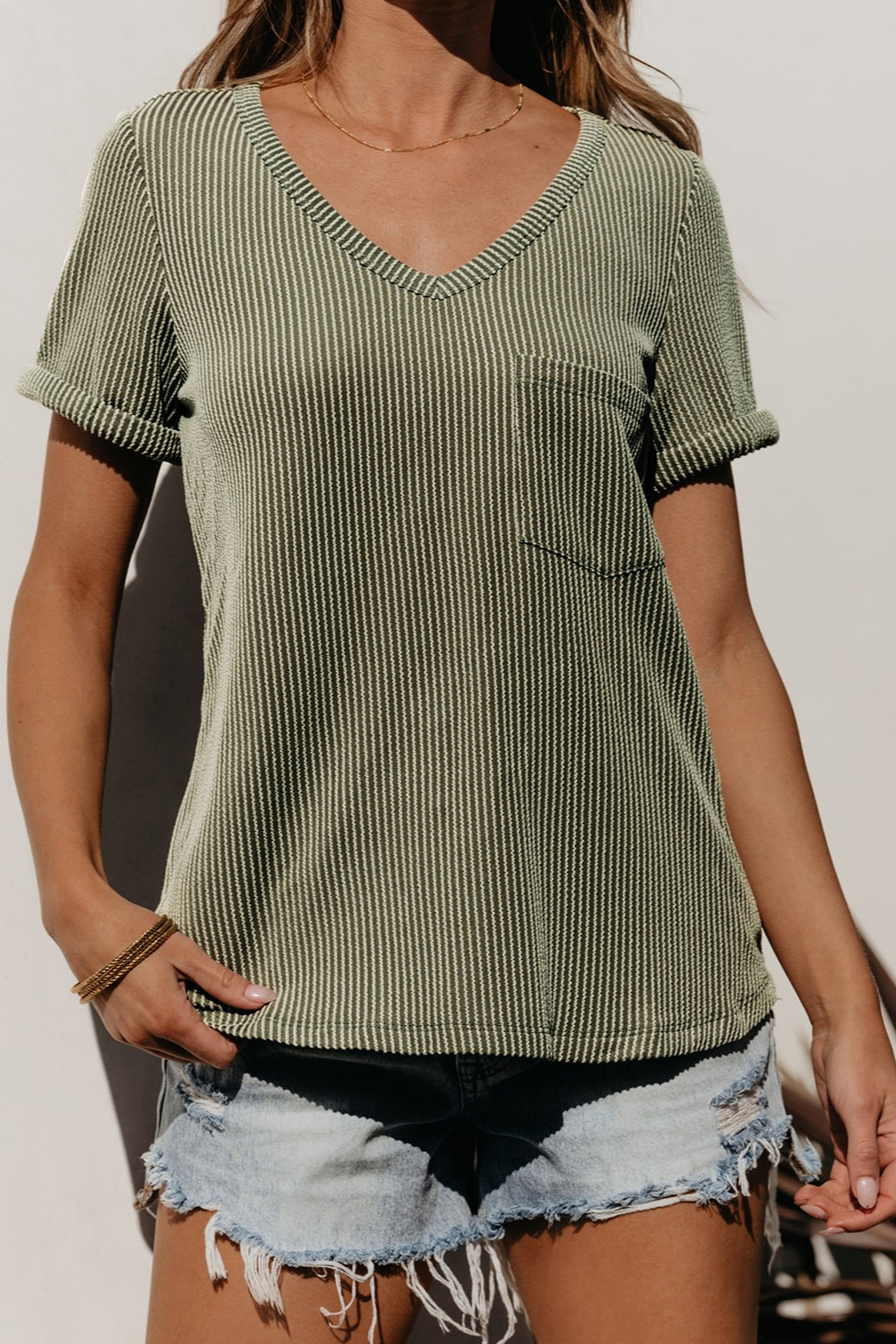 Striped V-Neck Short Sleeve T-Shirt Sage