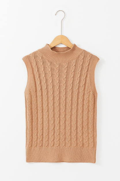 Cable-Knit Mock Neck Sweater Vest Camel