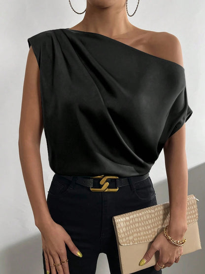 Ruched Single Shoulder Blouse Black