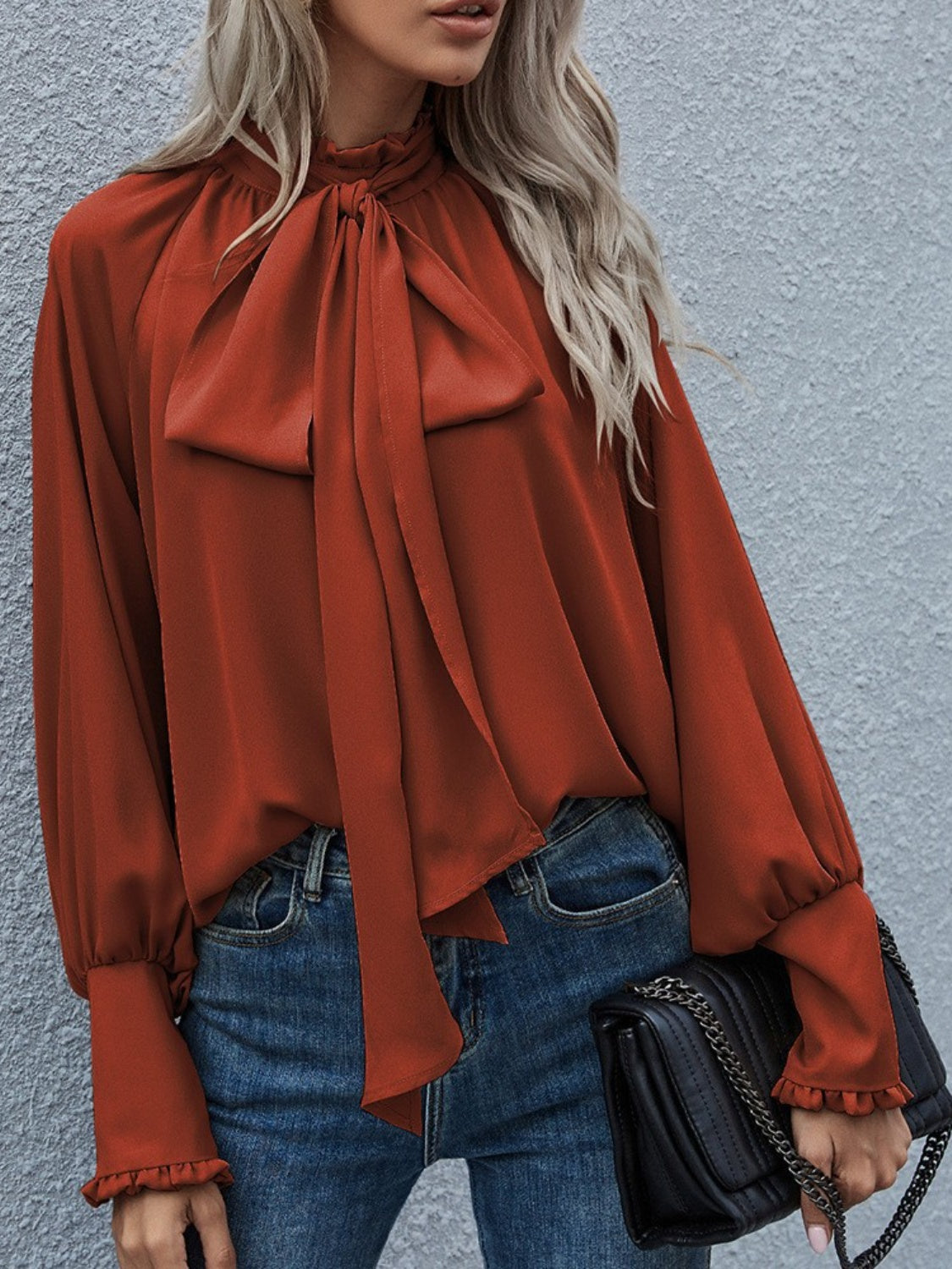 Tie Neck Lantern Sleeve Blouse Burgundy