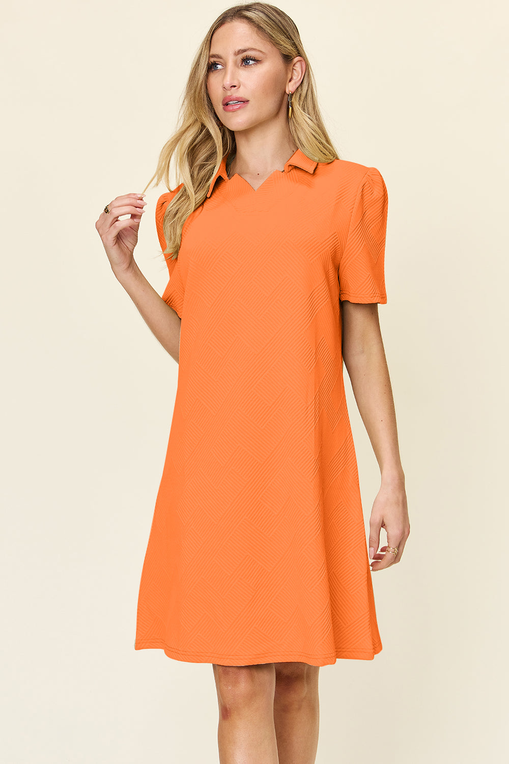 Double Take Full Size Texture Collared Neck Short Sleeve Dress Tangerine